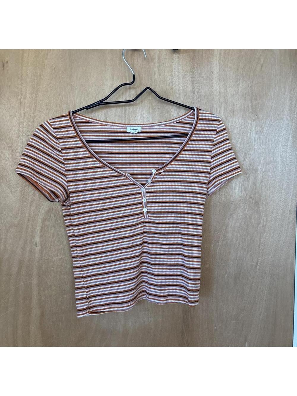 🤎 Garage Y2K Striped Ribbed Henley Baby Tee — Small